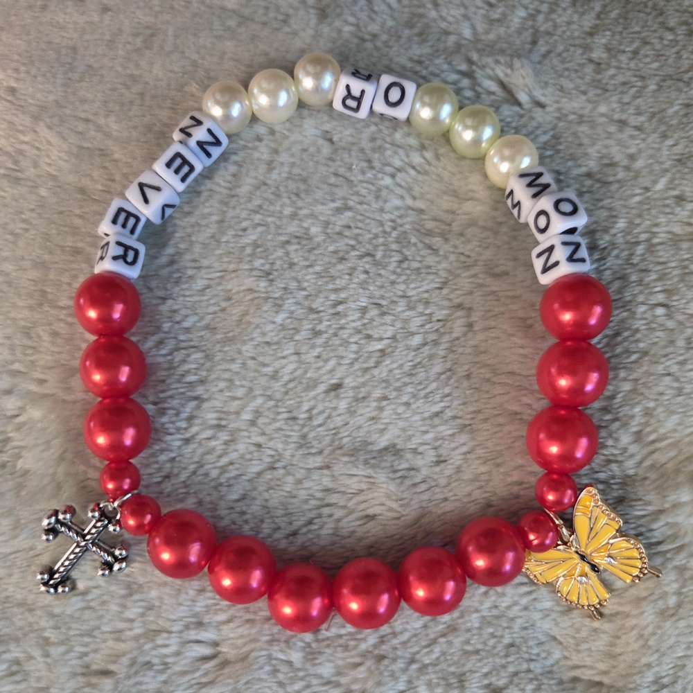 Red Beaded Bracelet with Cross & Butterfly Charms Halsey Inspired Now Or Never
